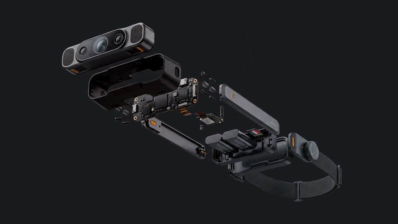 Exploded view of the Vallum Labs capture rig concept. A head mounted unit with a front sensor bar, housing, mainboard, side arm, batteries, storage, and head strap, separated along one explosion axis.